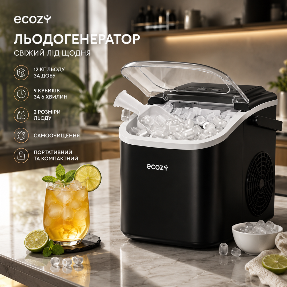 Льодогенератор Ecozy 12 кг/добу, портативна настільна машина для льоду, 9 кубиків за 6 хвилин, самоочищення, 2 розміри льоду Київ - фото 10