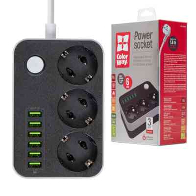 Мережевий фільтр живлення ColorWay CW-CHЕ36B, 3 розетки/6USB Black 1.8M (CW-CHE36B) Вінниця