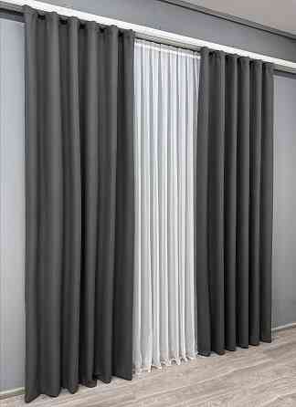 Комплект готовых штор VR-Textil Лен блэкаут № 1594ш Графитовый 100х270 см 2 шт (31-749) Киев