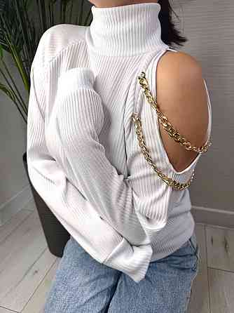Стильний жіночий під горло светр із ланцюжком щільна ангора рубчик на фліс Білий, 48/50 Одеса