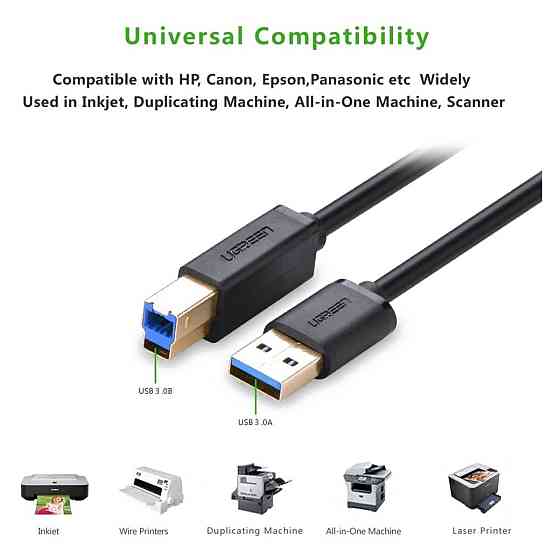Кабель UGREEN US210 USB 3.0 AM to BM Print Cable 2m (Black）(UGR-10372) (UGR-10372) Київ