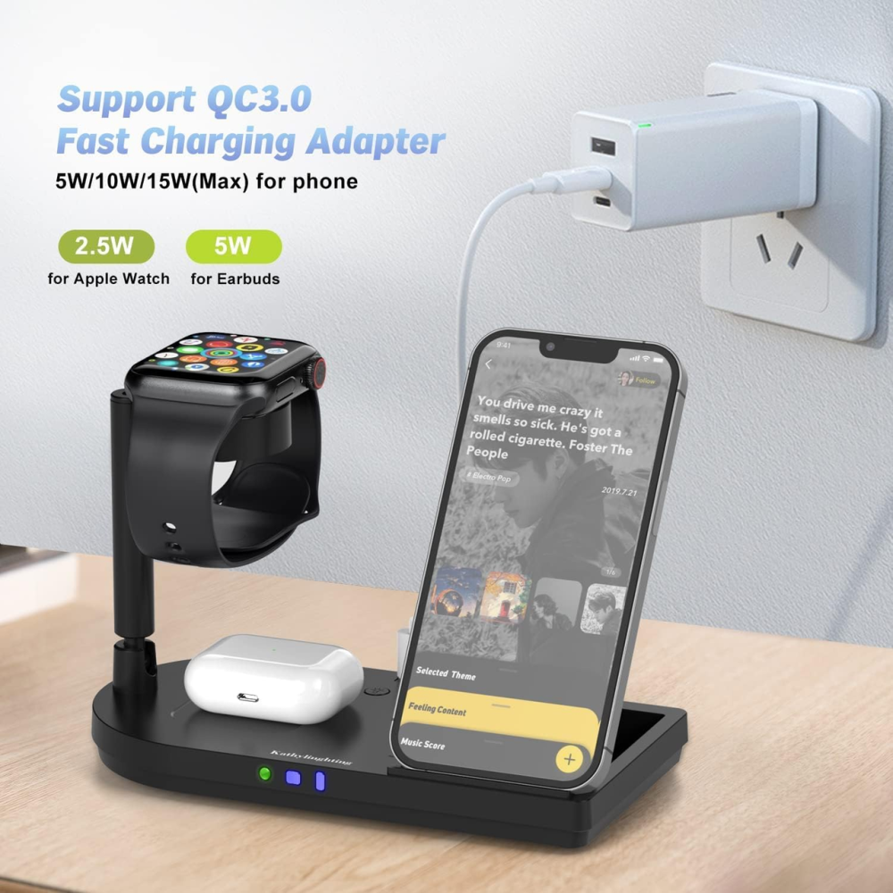 Бездротова зарядна станція 4 в 1 Fast Wireless Charger (15 Вт, MagSafe складний дизайн, LED-підсвічування) для iPhone, Apple Watch Київ - фото 7