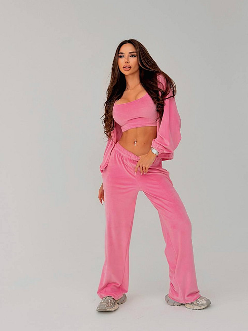 Жіночий стильний повсякденний велюровий костюм-трійка Рожевий, 42/44 Одеса - фото 3