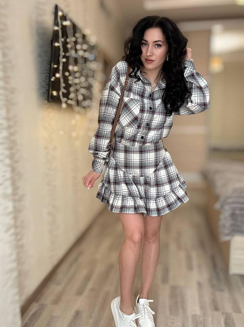 Жіночий стильний костюм-двійка: сорочка та спідниця в клітинку бавовна тіар Сірий, 42/44 Одеса - фото 8