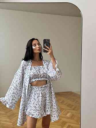 Женская нежная пижама-тройка из муслина: шорты, топ, халат с поясом Молочный 2 Одесса