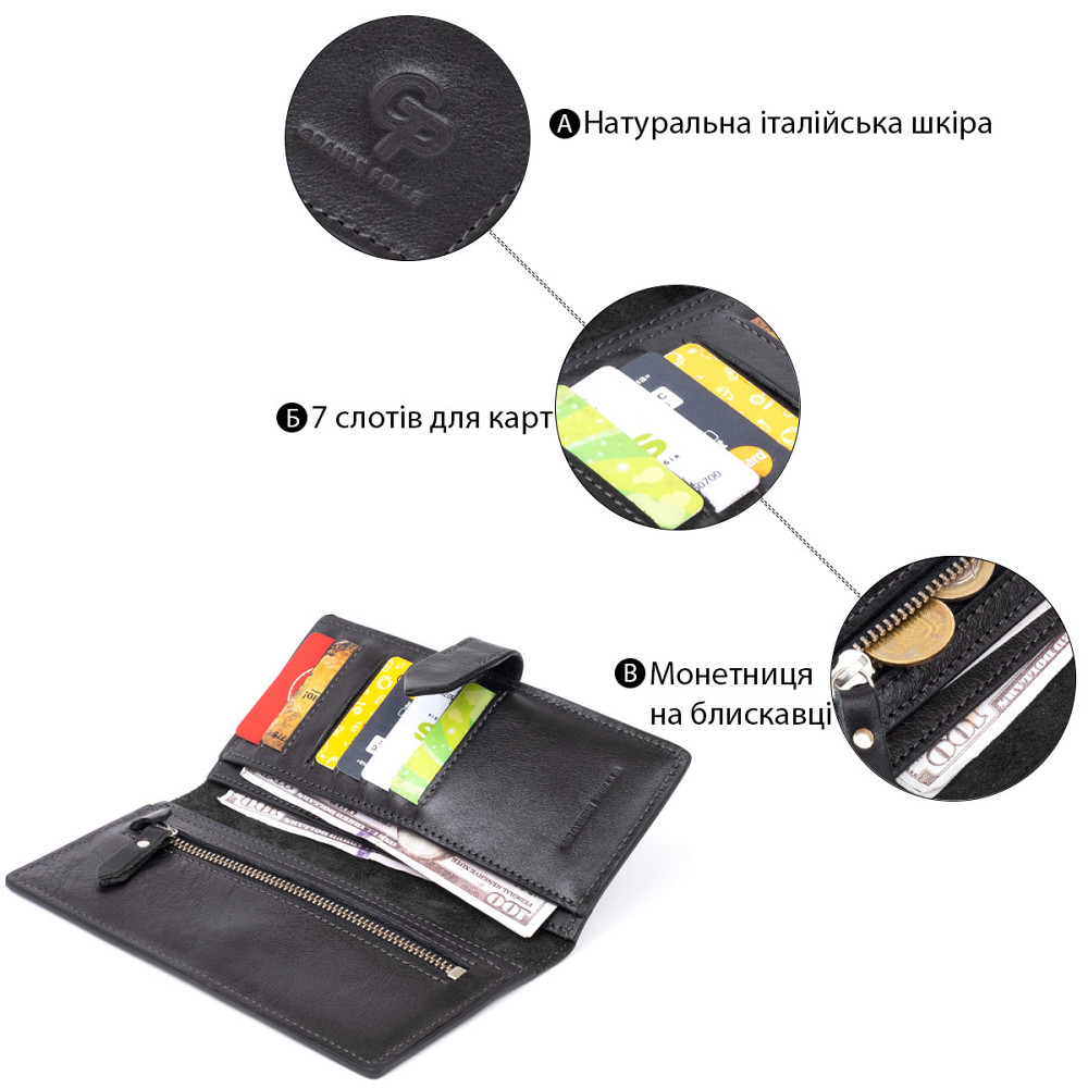 Вертикальный бумажник глянцевый Anet на кнопке GRANDE PELLE 11324 Черный Киев - изображение 8