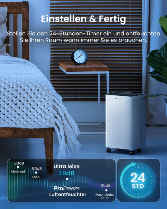 Осушувач повітря Pro Breeze PB-D-26 6 л/добу, бак 2 л, датчик вологості, сушіння білизни, таймер 24 год, 39 дБ, LED-дисплей Київ - фото 9