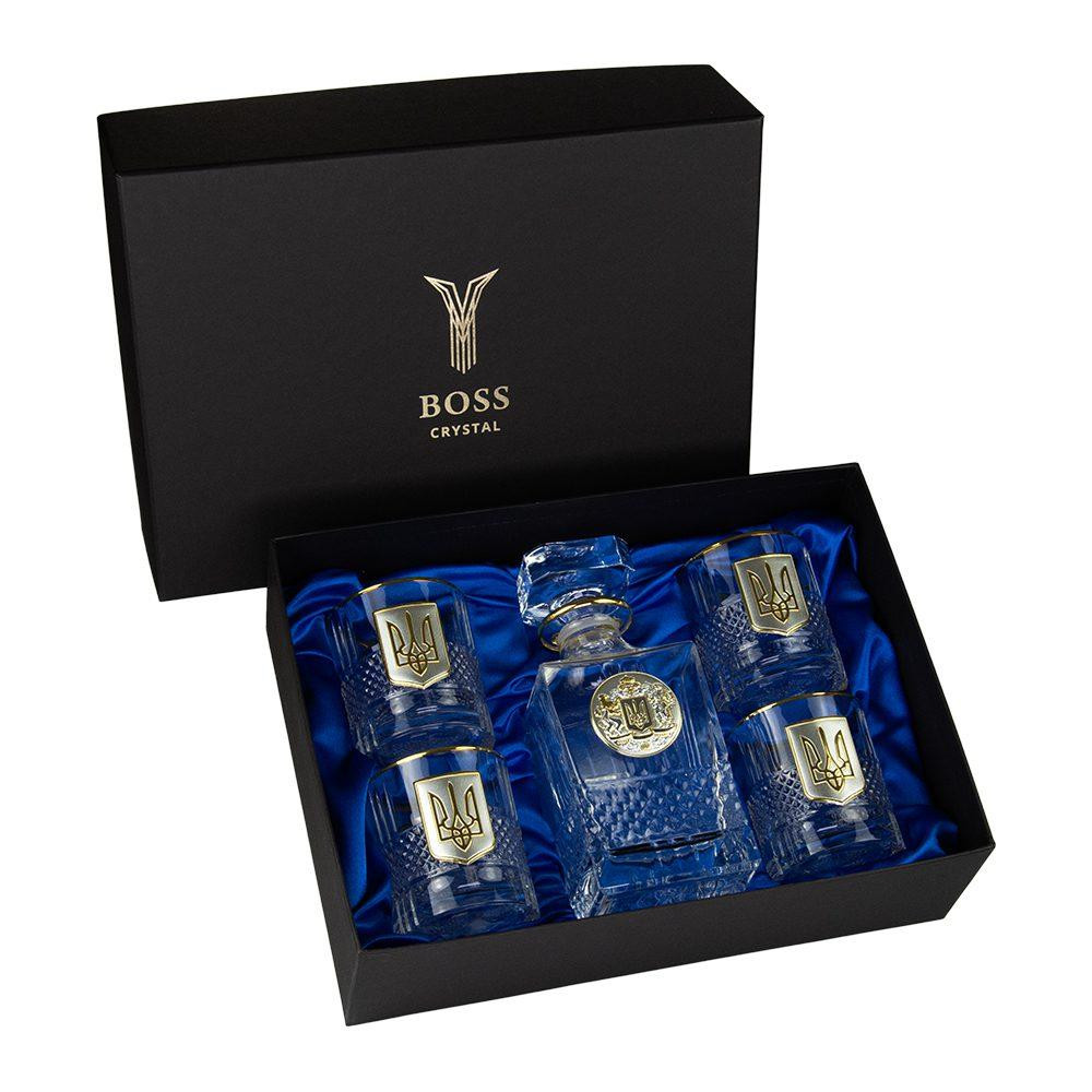 Набор для виски «Гербовой с трезубцем» 5 предметов Boss Crystal, графин, 4 стакана, серебро, золото, хрусталь Ровно - изображение 1