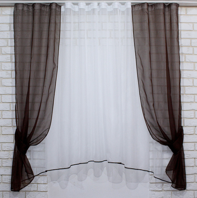 Кухонний комплект VR-Textil № 051к тюль і шторки з підв'язками венге з білим 280х170 см (50-491) Київ - фото 1