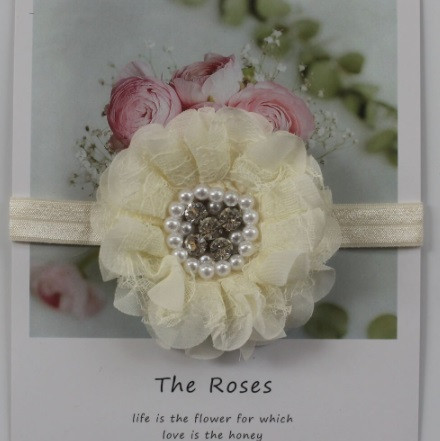 Детская повязка с жемчугом бежевая - размер цветка 8см, размер универсальный (на резинке) Киев - изображение 1