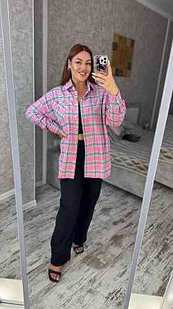 Женская оверсайз рубашка в клетку турецкая фланель Розовый, 50/56 Одесса
