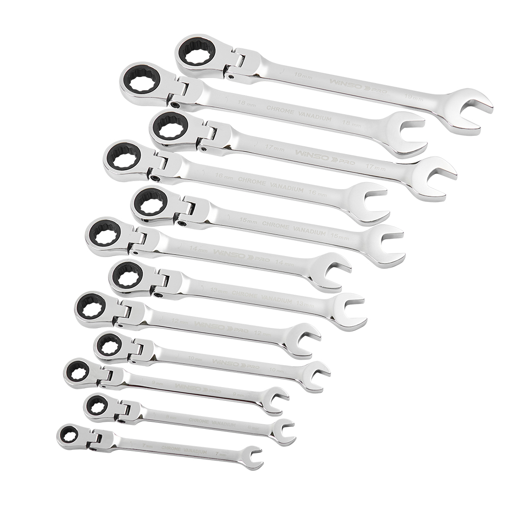 Набор комбинированных ключей с трещоткой и карданом WINSO PRO Cr-V, 12 шт (7–19 мм), в чехле Киев - изображение 3