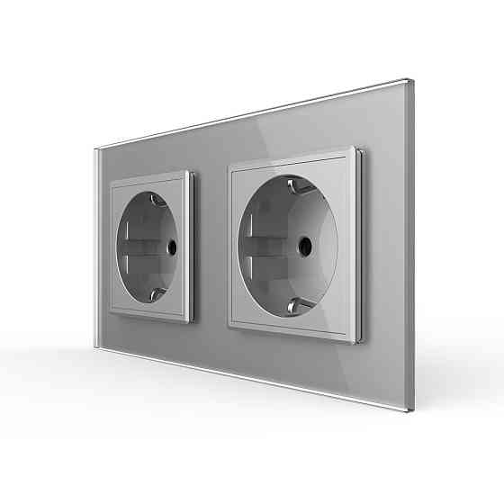 Подвійна електрична розетка з заземленням LIVOLO, сіра, скляна рамка, шторки, 250В 16А (VL-C7C2EU-15) Коломыя