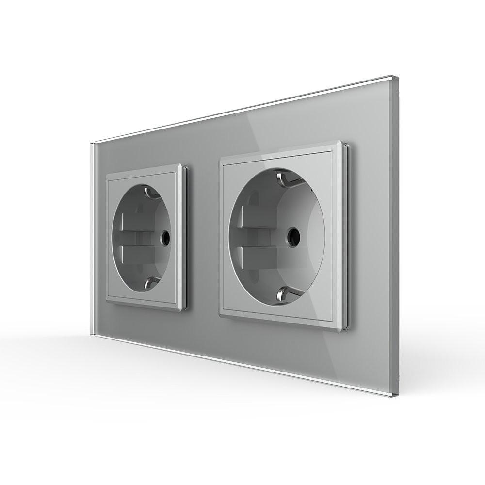 Подвійна електрична розетка з заземленням LIVOLO, сіра, скляна рамка, шторки, 250В 16А (VL-C7C2EU-15) Коломыя - изображение 5