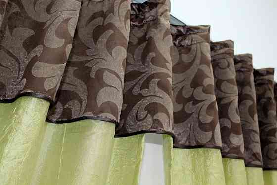 Кухонные шторы VR-Textil № 073к с ламбрекеном и подхватами салатовый с коричневым 270х170 см (52-0157) Киев