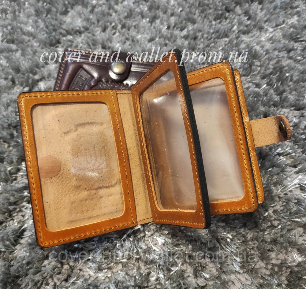 Солидная кожаная обложка на автодокументы и id карту на кнопке рыжего цвета Киев - изображение 3