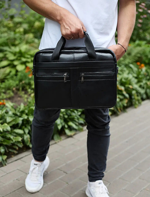 Чоловіча шкіряна ділова сумка портфель для ноутбука і документів Tiding Bag чорна Київ - фото 2