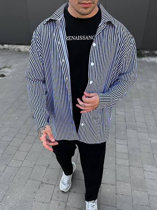 Чоловіча сорочка в смужку стильна смугаста сорочка оверсайз на весну літо осінь софт SANE синя Одеса - фото 7