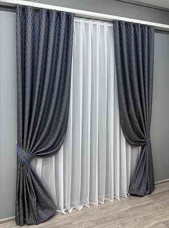 Комплект готових штор VR-Textil Жакард RUBI № 1756ш Графітовий з синім 150х270 см 2 шт (33-0713) Київ