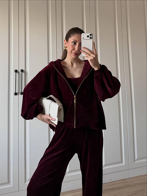 Жіночий стильний костюм-трійка: кофта топ і штани з турецького плюшевого велюру Бургунді, 42/44 Одеса - фото 1