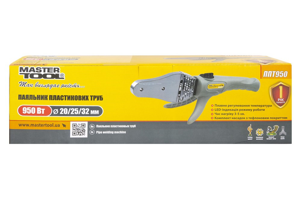 MASTERTOOL Паяльник для пластикових труб MASTERTOOL 20-32 мм 950 Вт/220 V/50 Hz 0-300°С IP44 LE Коломия - фото 4