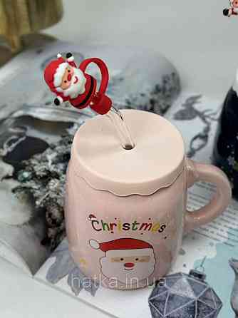 Кухоль з кришкою і ложкою керамічний новорічний Olens "Санта 2024" 460 мл 102-1082 Київ