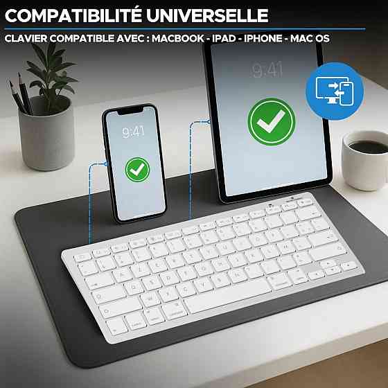 Бездротова клавіатура Bluetooth Bluestork компактна, ультратонка AZERTY, легка тиха міні-клавіатура для Mac, iPad, iPhone біла Київ