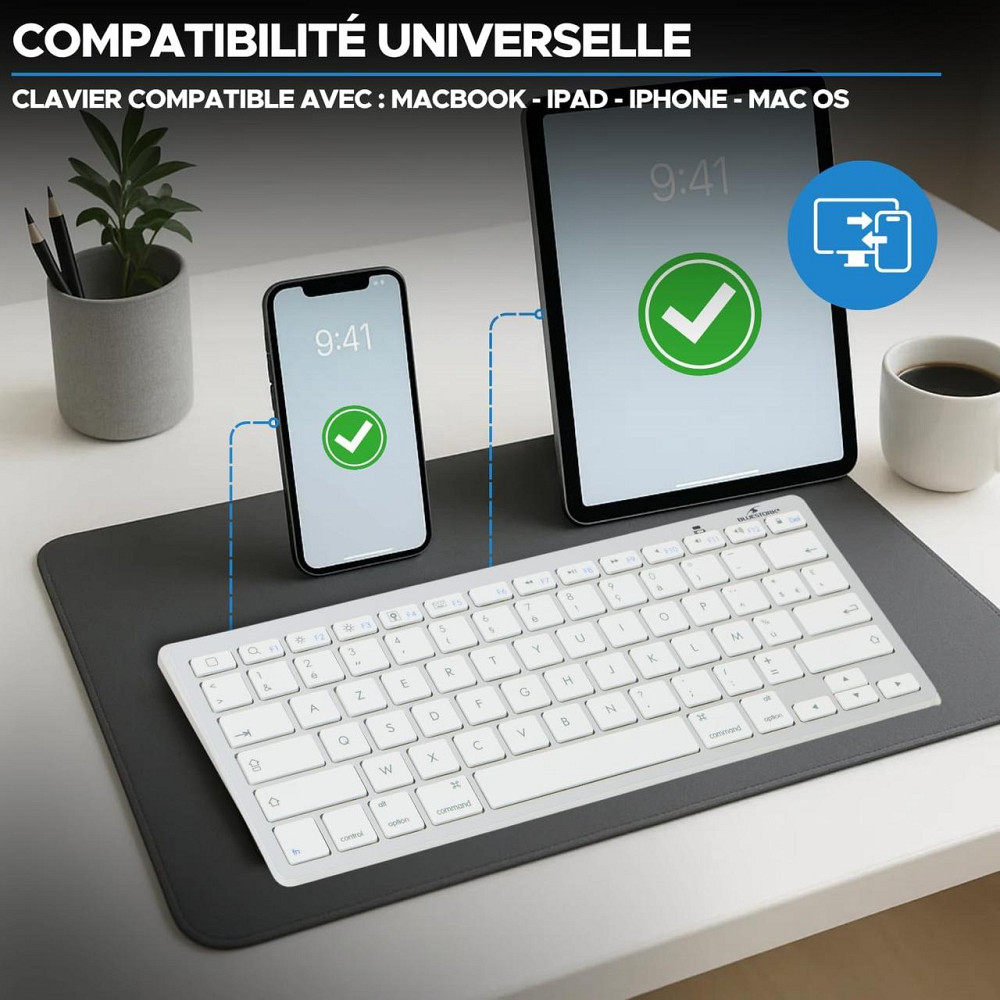 Бездротова клавіатура Bluetooth Bluestork компактна, ультратонка AZERTY, легка тиха міні-клавіатура для Mac, iPad, iPhone біла Київ - фото 2