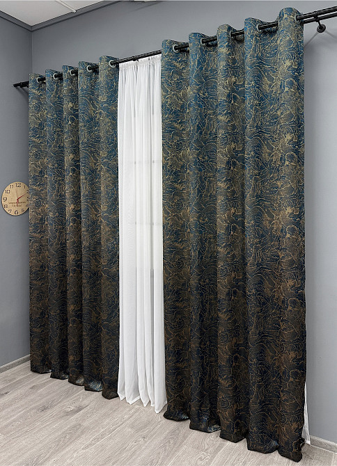Комплект штор на люверсах VR-Textil Жаккард Fantasy № 1634ш Синий с золотистым 150х280 см 2 шт (37-0186) Киев - изображение 4
