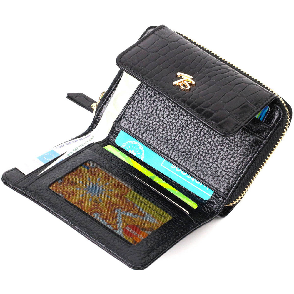 Компактний жіночий гаманець з місткою монетницею на блискавці з натуральної шкіри Чорний (Tony Bellucci) Київ - фото 8