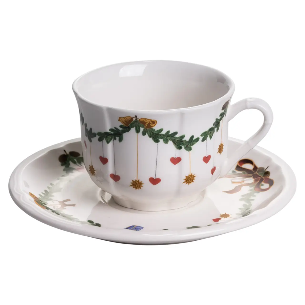 Чашка з блюдцем новорічна порцелянова з різдвяним принтом «Різдвяна гірлянда» YY78-11A-4 Київ - фото 1