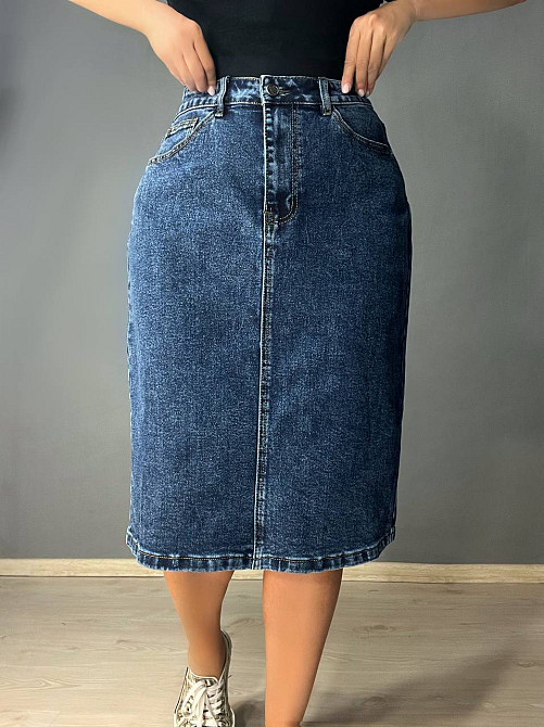 Спідниця джинсова Vanver 8251 середньої довжини з розрізом великі розміри синя, синій, З4, 34, 92 см, 115 см Київ - фото 1