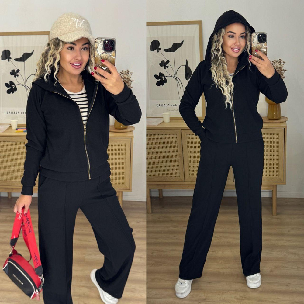 Женский теплый прогулочный костюм двойка: кофта и штаны вязка на трикотажной основе Черный, 52/54 Одесса - изображение 1