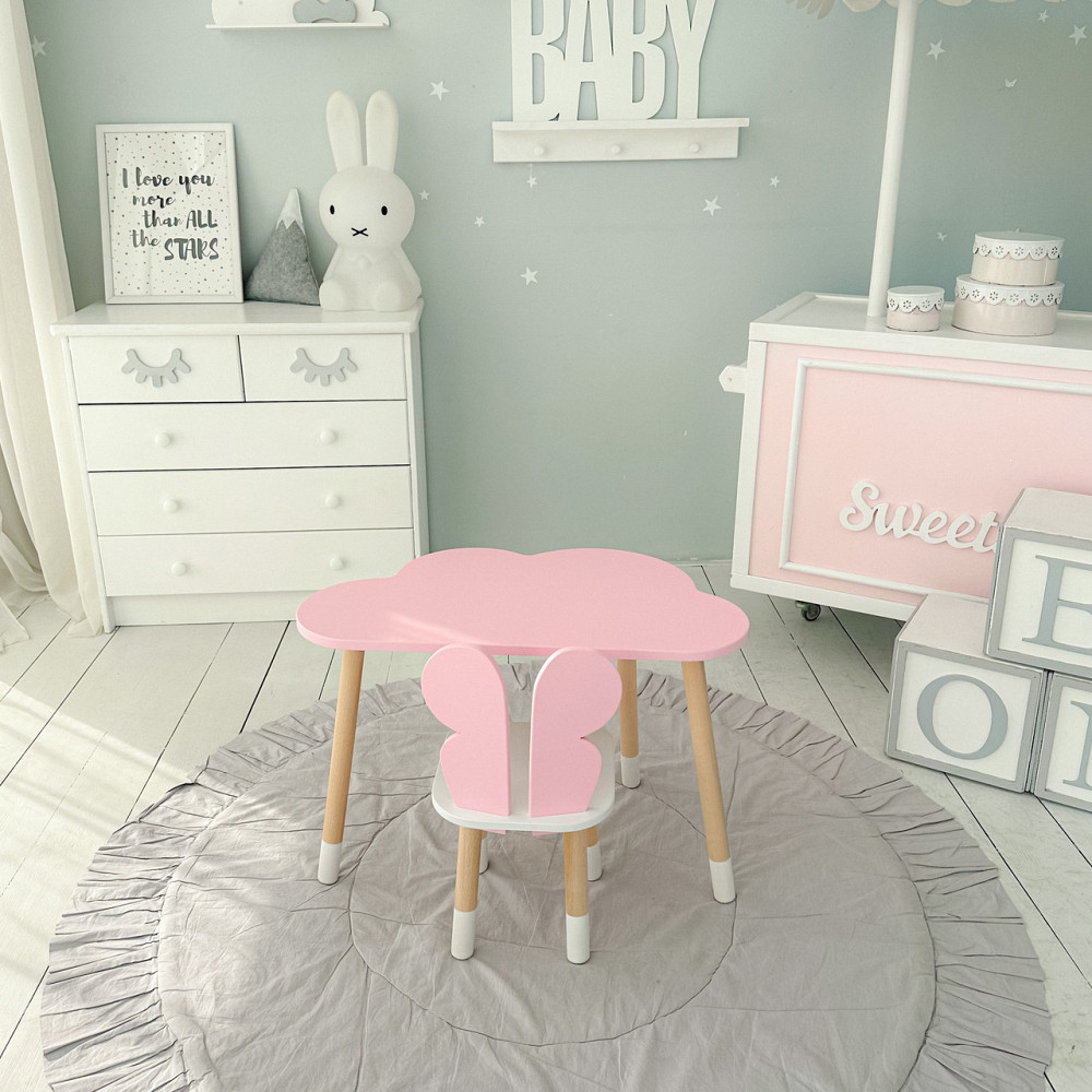 Стіл хмарка і стільчик метелик дитячий рожевий з білим сидінням. Столик для занять, ігор, їжі Київ - фото 10