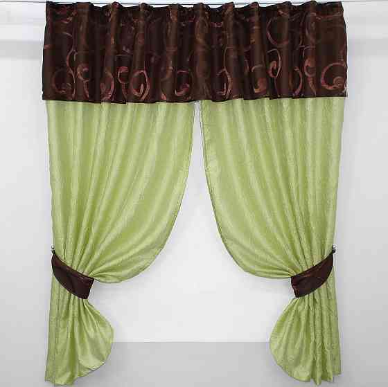 Кухонные шторы VR-Textil № 073к с ламбрекеном и подхватами салатовый с коричневым 270х170 см ( 52-0073) Киев