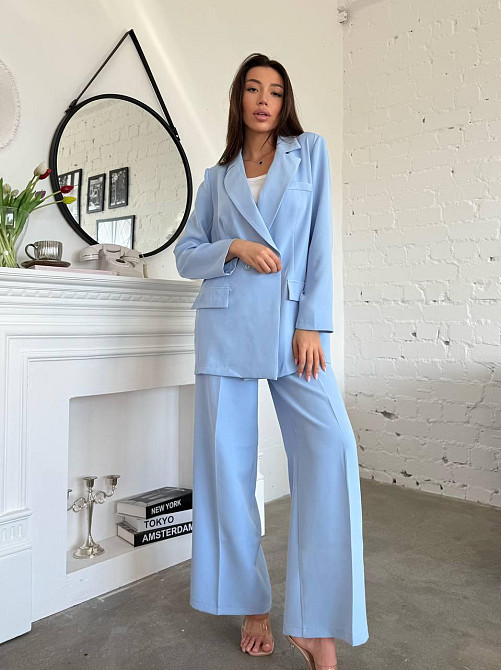 Женский стильный деловой костюм ( пиджак + брюки) креп -костюмка Голубой, 42/44 Одесса - изображение 5
