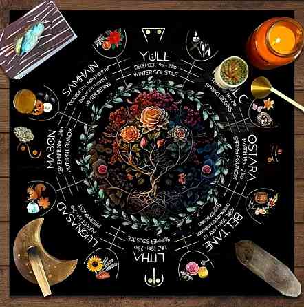 Вівтарна скатертина для Таро та рун "Колесо року" | Скатертина для гадання 50*50 см | Малюнок Древо життя та Колесо року Київ