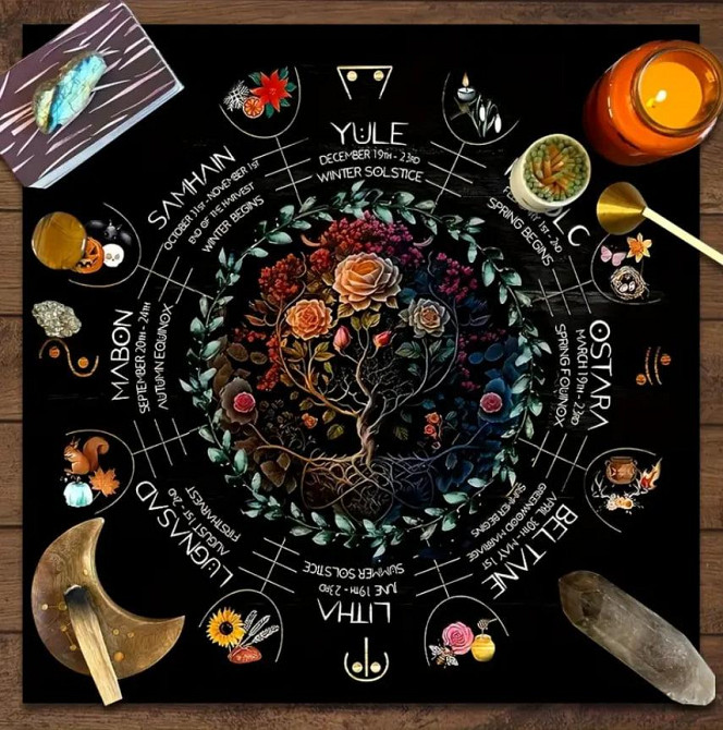 Вівтарна скатертина для Таро та рун "Колесо року" | Скатертина для гадання 50*50 см | Малюнок Древо життя та Колесо року Київ - фото 1