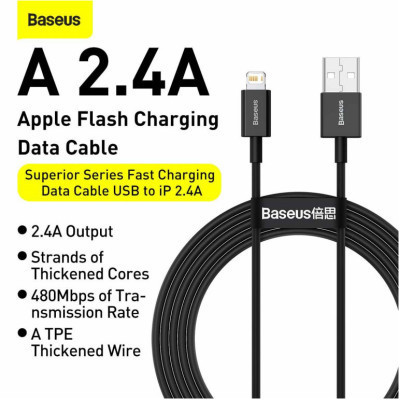 Дата кабель USB 2.0 AM to Lightning 1.0m 2.4A Superior Series Black Baseus (CALYS-A01) Винница - изображение 10