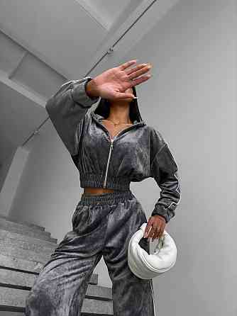 Женский прогулочный костюм двойка: зип кофта и брюки из мраморного велюра Серый, 44/46 Одесса
