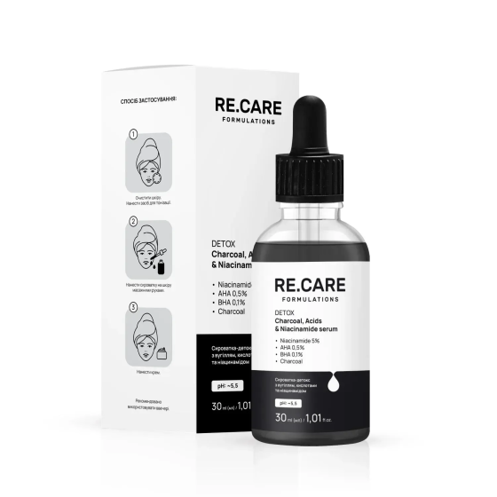 Сыворотка-детокс с углем, кислотами и ниацинамидом Detox Charcoal, Acids & Niacinamide Serum RE.CARE 30 мл Киев