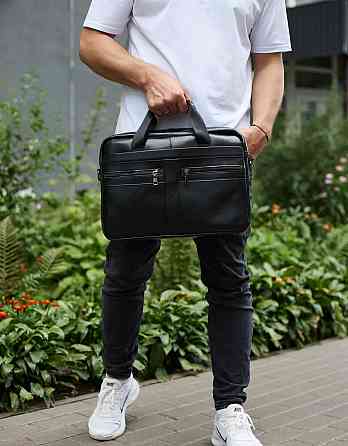 Чоловіча шкіряна ділова сумка портфель для ноутбука і документів Tiding Bag чорна Київ