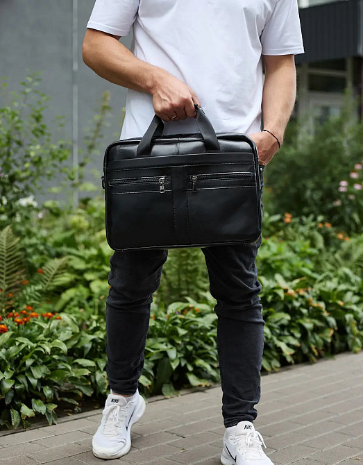 Чоловіча шкіряна ділова сумка портфель для ноутбука і документів Tiding Bag чорна Київ - фото 6