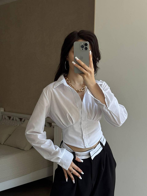 Женская базовая приталенная рубашка с имитацией корсета коттон 44/46 Одесса - изображение 7