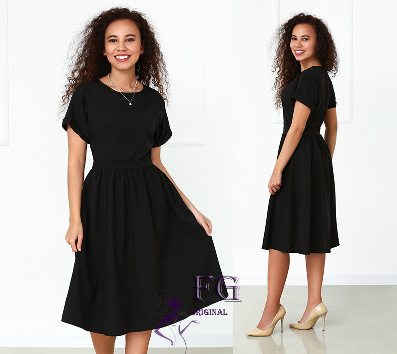 Жіноче плаття міді з короткими рукавами "Валенсія" оптом та по дропшипінгу | Норма Чорний, 46 Київ - фото 2