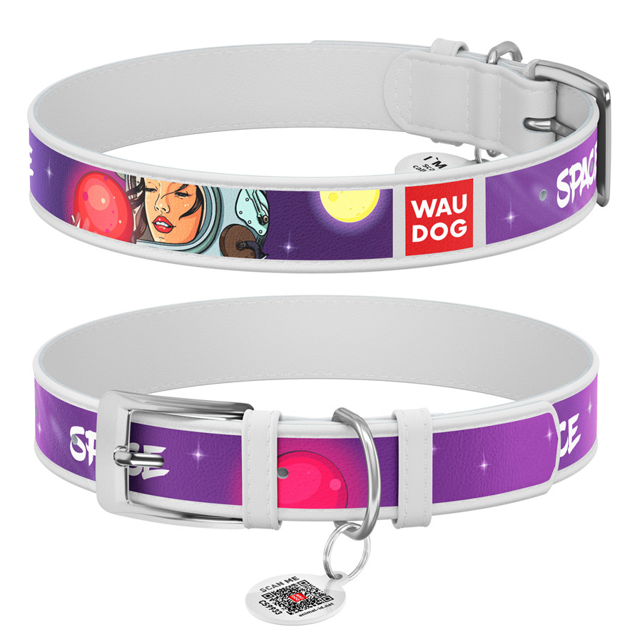 Нашийник для собак шкіряний WAUDOG Design з QR паспортом, малюнок "Більше космосу", XL, Ш 35 мм Коломыя - изображение 1