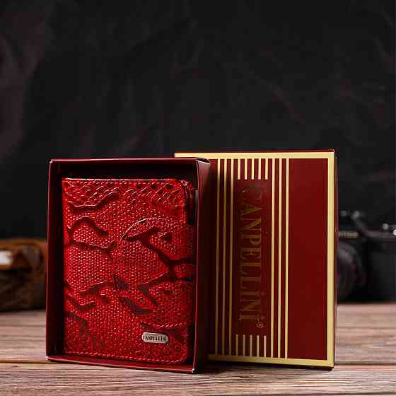 Лаковане жіноче портмоне середнього розміру з натуральної шкіри з тисненням під змію Червоне (CANPELLINI) Київ