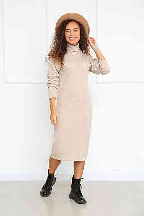 Тепле ангорове плаття міді з високим коміром "Amina" оптом | Батал Бежевий, 50-52 Київ