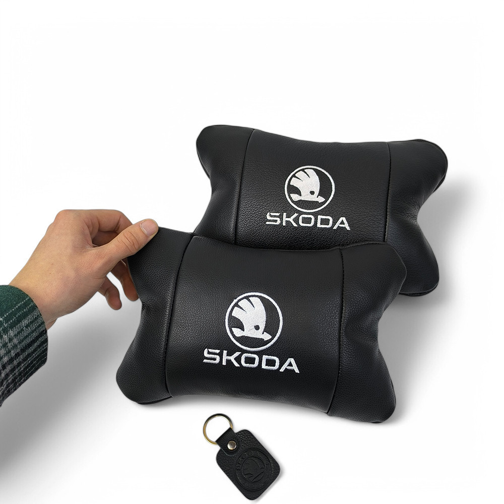 Набір автоподушок 2шт на підголівник Skoda / Шкода з натуральної шкіри чорні + брелок у подарунок Київ - фото 6