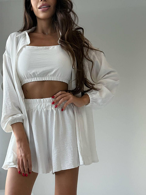 Женский летний прогулочный оверсайз костюм тройка: рубашка топ и шорты американский креп жатка Молочный Одесса - изображение 4